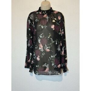 NWT Torrid Size 1 1X Black Chiffon Smocked Neck Blouse Floral Skulls Butterflies